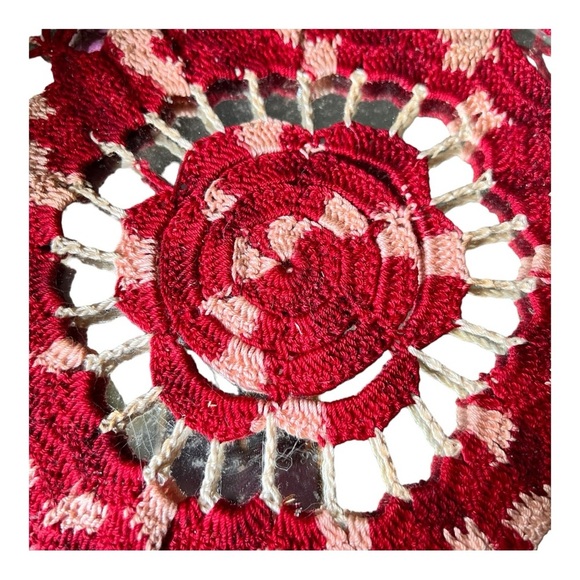 Vintage Hand Crocheted Doily Over Round Mirror - Picture 2 of 5